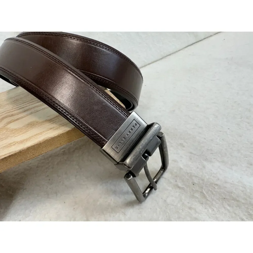 Perry Ellis Reversible Brown and Black Bonded Leather Belt  Silver Buckle SZ 40